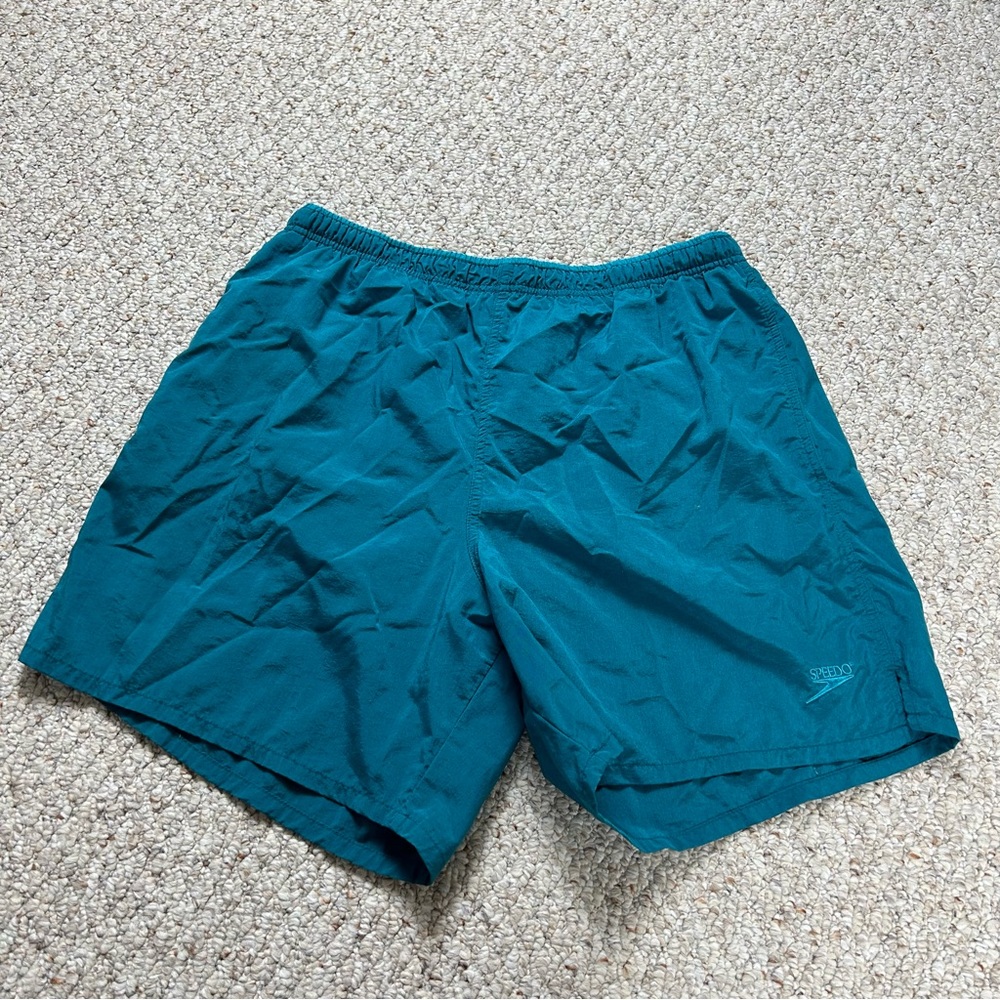 Speedo Vintage Board Shorts Mens Large 90s Teal Blue Embroidered Pockets - Picture 1 of 12